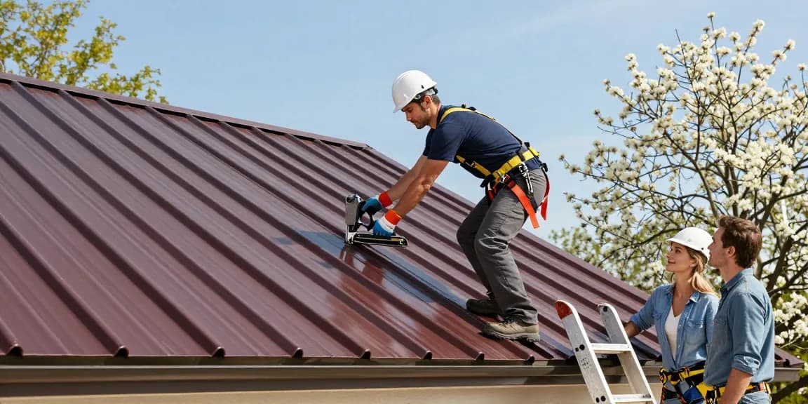 Metal roofing contractor expertly installing a roof while homeowners watch in a sunny residential setting.