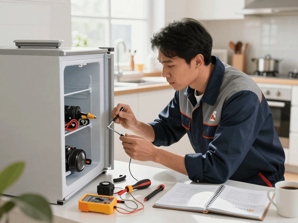 Appliance Repair Vaughan technician fixing a refrigerator in a modern kitchen, showcasing expertise.