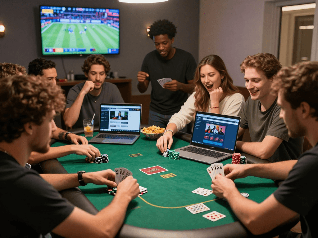 Friends enjoying a poker night at home while exploring gambleonline sites.
