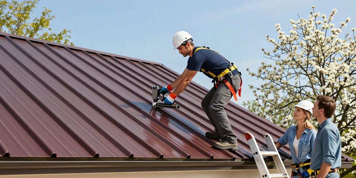 Metal roofing contractor expertly installing a roof while homeowners watch in a sunny residential setting.