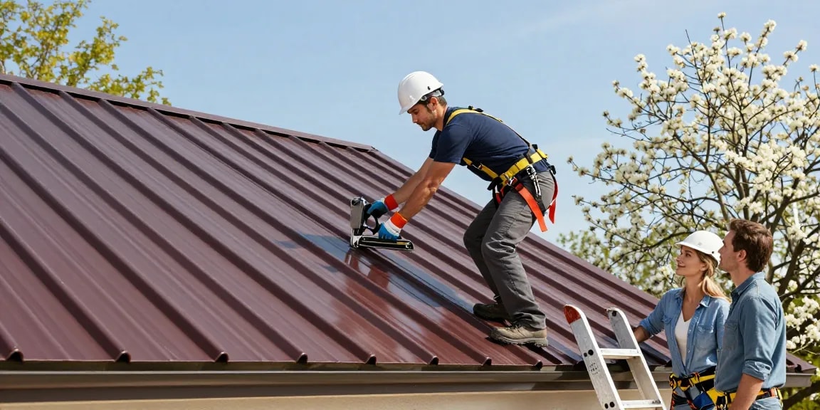 Metal roofing contractor expertly installing a roof while homeowners watch in a sunny residential setting.