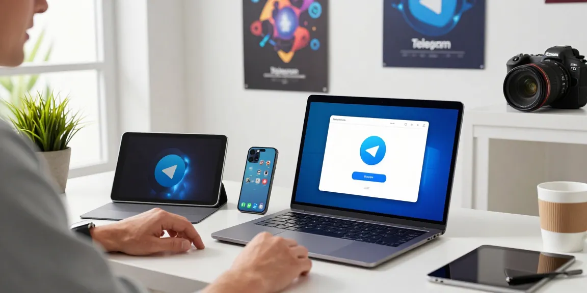 Downloading Telegram app on a sleek laptop in a modern workspace.