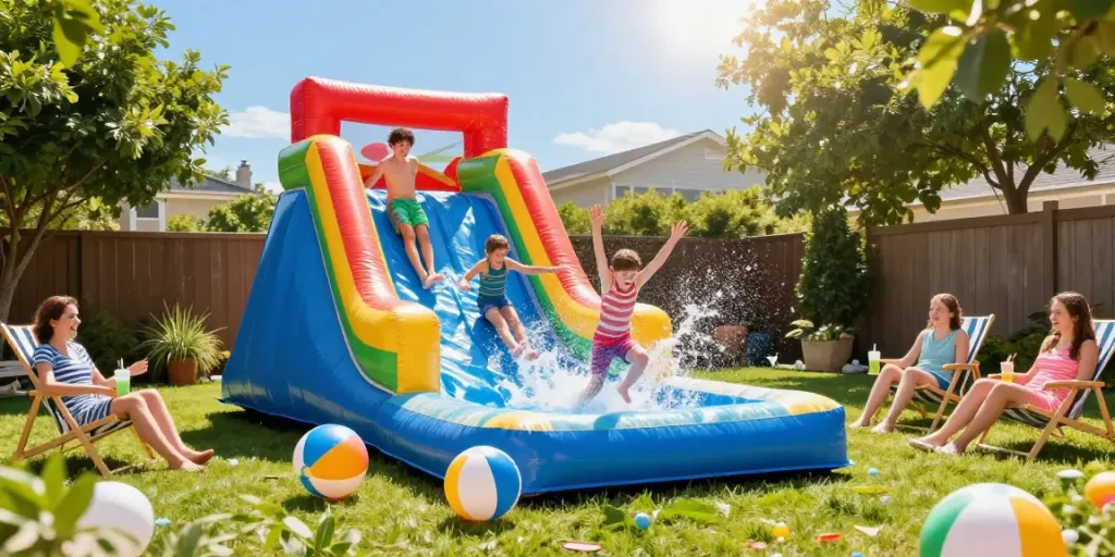 Children laughing and sliding down an inflatable water slide in a vibrant backyard setting.
