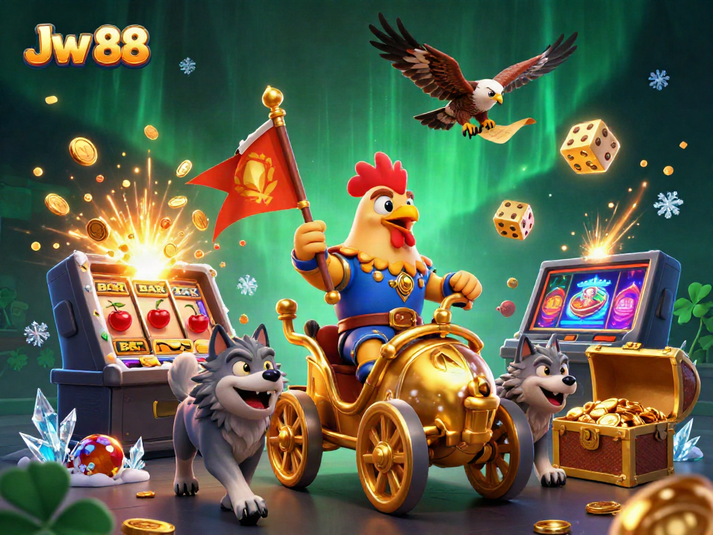Engage with Jw 88’s thrilling casino scene featuring a rooster warlord and a jackpot explosion