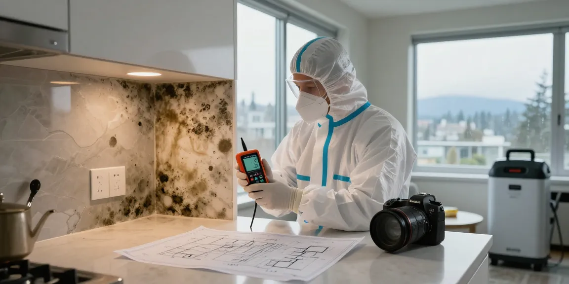 Mold Remediation West Vancouver technician inspecting for mold with safety gear in a bright apartment