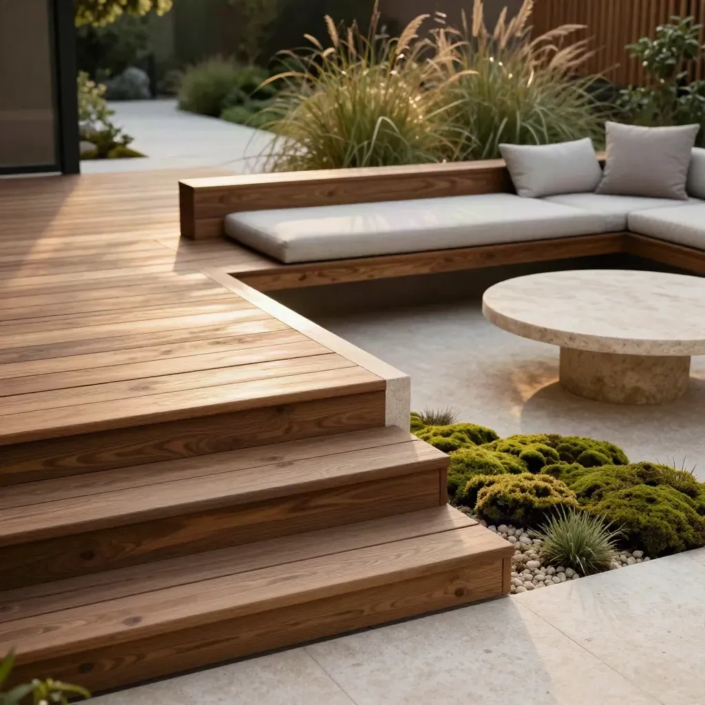 Cedar deck with built-in bench, round stone table, travertine pavers, and moss accents in warm evening light.