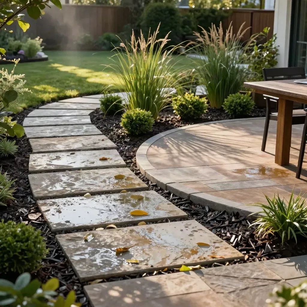 Backyard with stone path, planting beds, and a compact dining terrace after irrigation.