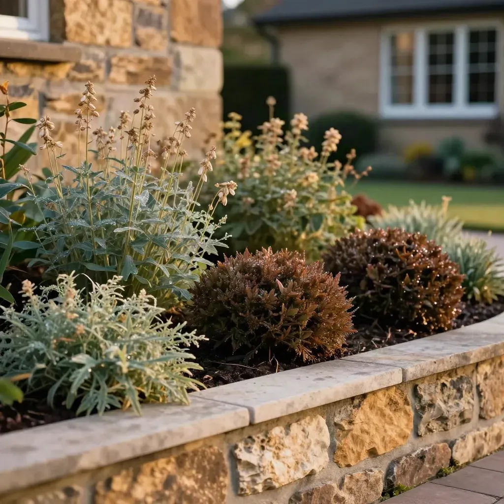 Front foundation garden bed with shrubs, native perennials, and pale stone edging