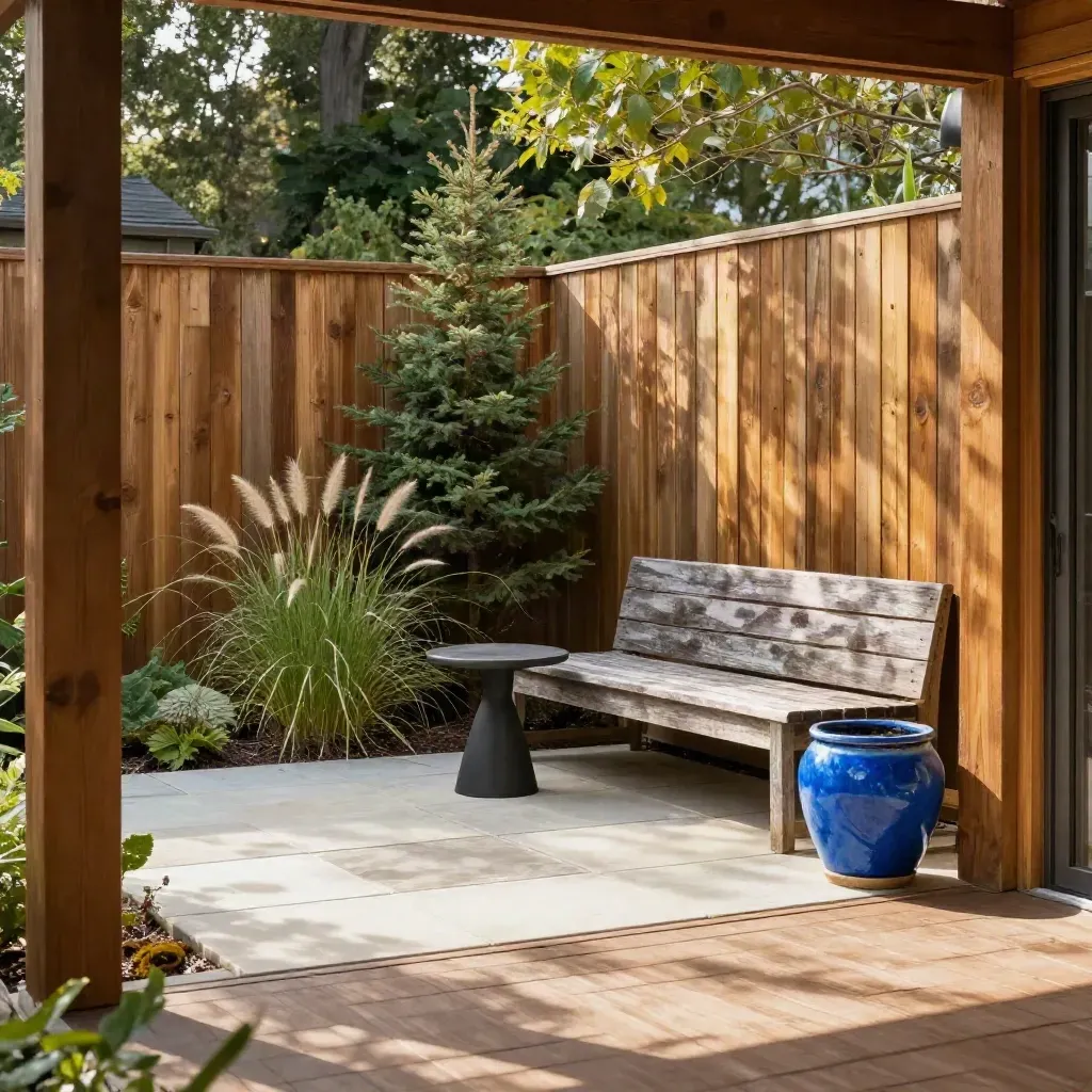 Private Burlington deck with cedar screens, layered evergreens, and a quiet stone-and-wood lounge corner.