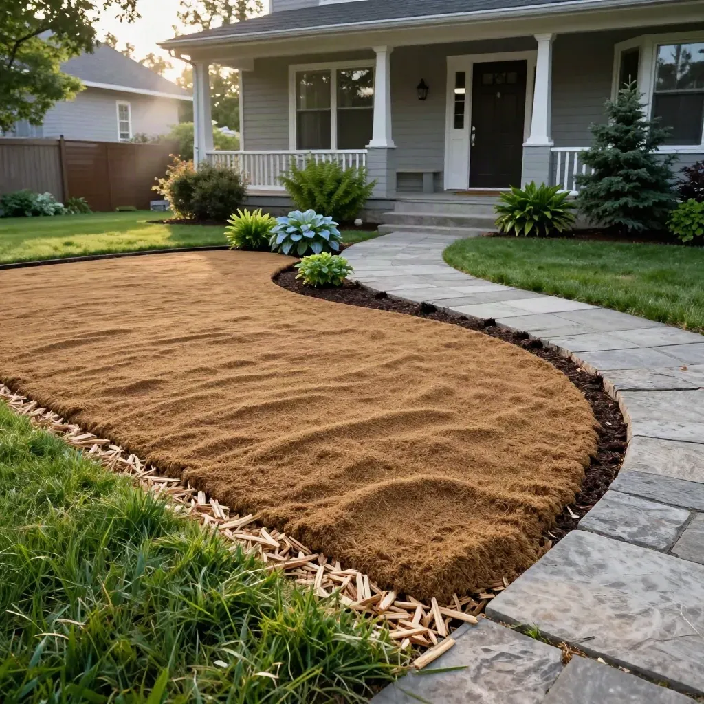 Fresh sod and a curved shade bed guide an Ottawa front yard to the door at dawn.