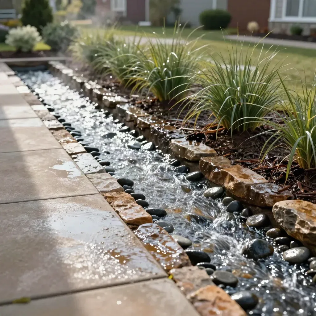 Runoff channels into a planted rain bed with stones, mulch, and steam after rain.