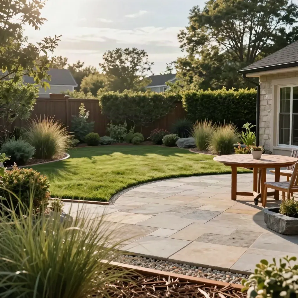 Finished backyard with clear play lawn, patio, and shrub zones in summer light.