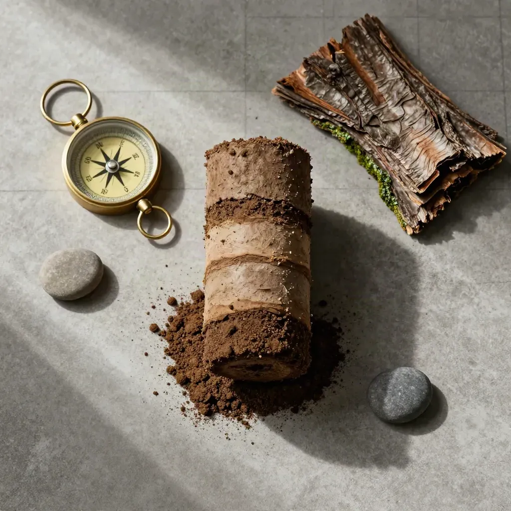 Flatlay of a soil core, compass, pebbles, and bark on concrete in soft daylight