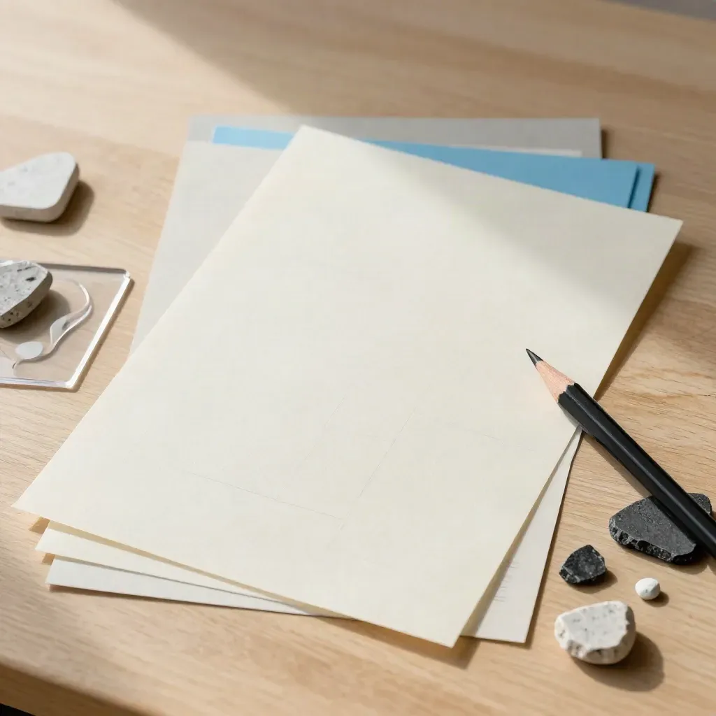 Tracing vellum, charcoal pencil, acrylic templates, and stone chips on pale oak