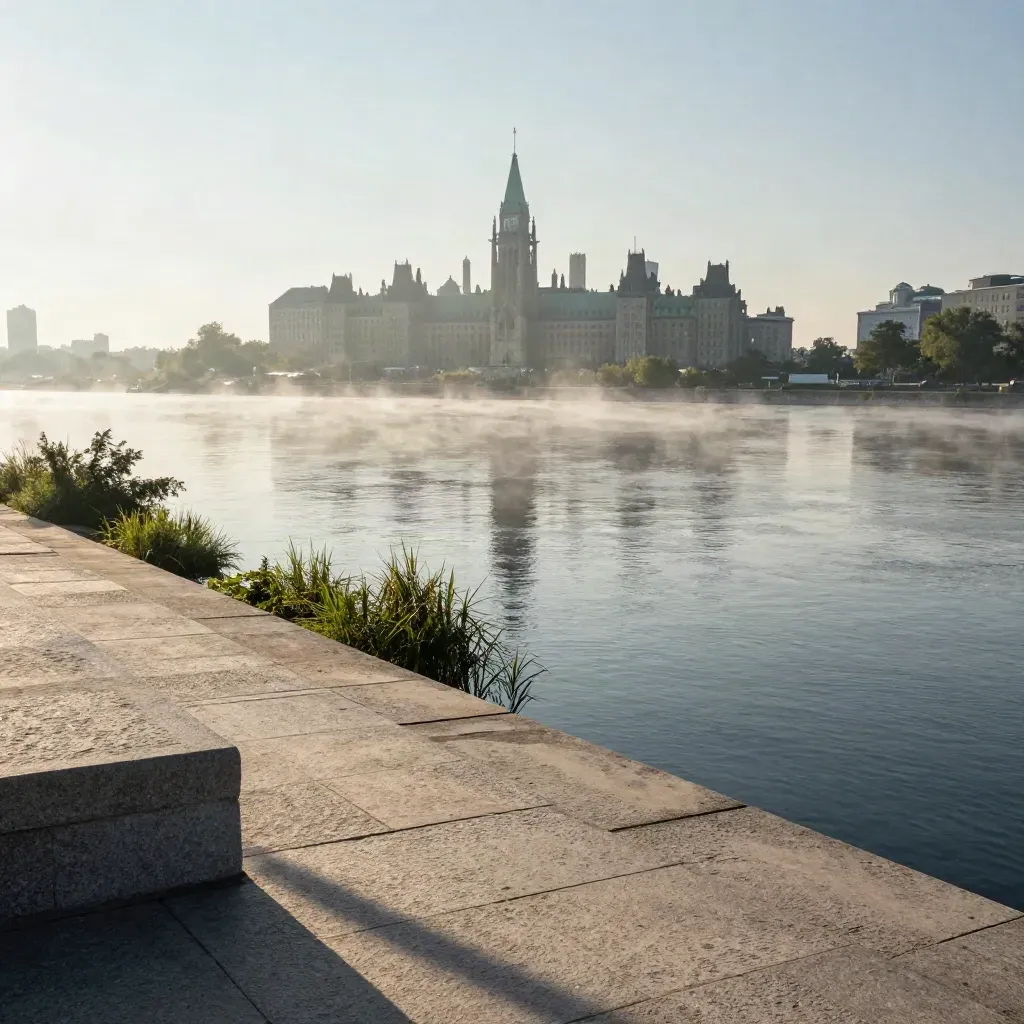 Misty Ottawa riverfront with Parliament silhouettes and pale stone embankments at sunrise.