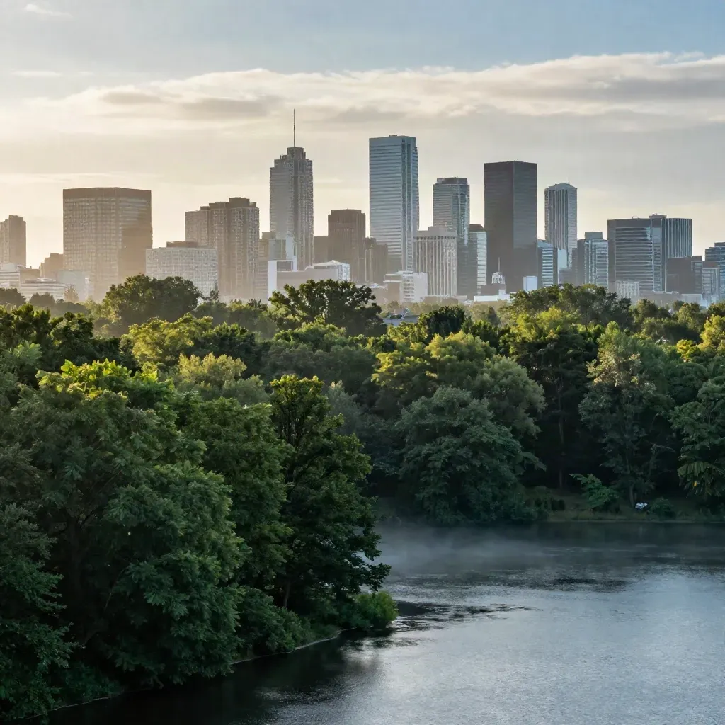 Toronto skyline above a misty ravine and treetops after rain