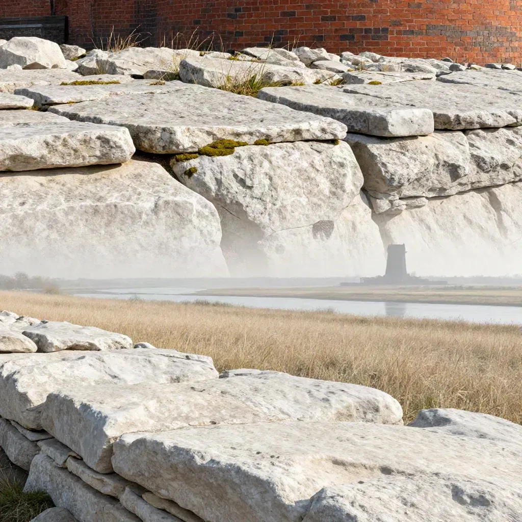 Pale limestone landscape with meadow grass and a distant red-brick mill under valley haze.