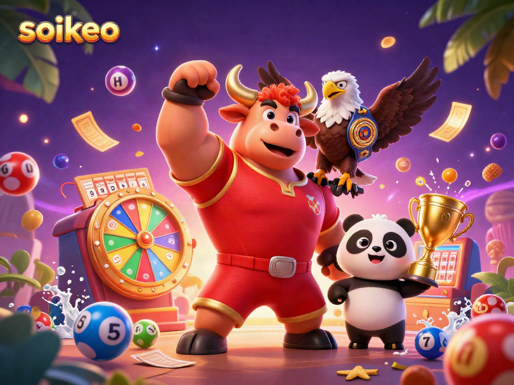 soikeo celebrates winning with a muscular bull, eagle, and panda in a colorful lottery scene