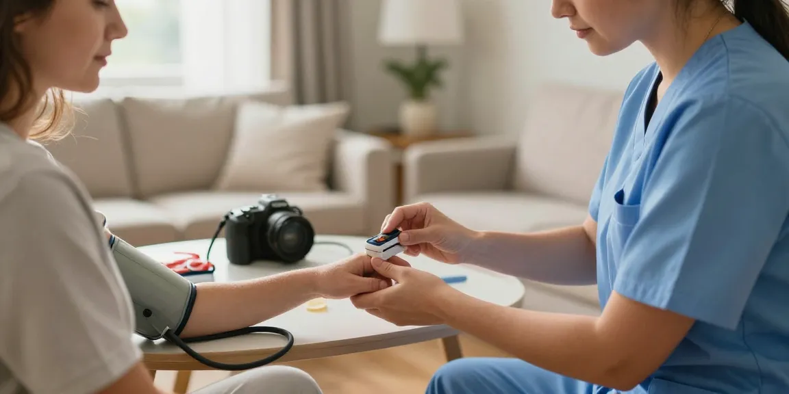 Patient using a pulse oximeter to monitor oxygen levels at home in a calming environment.