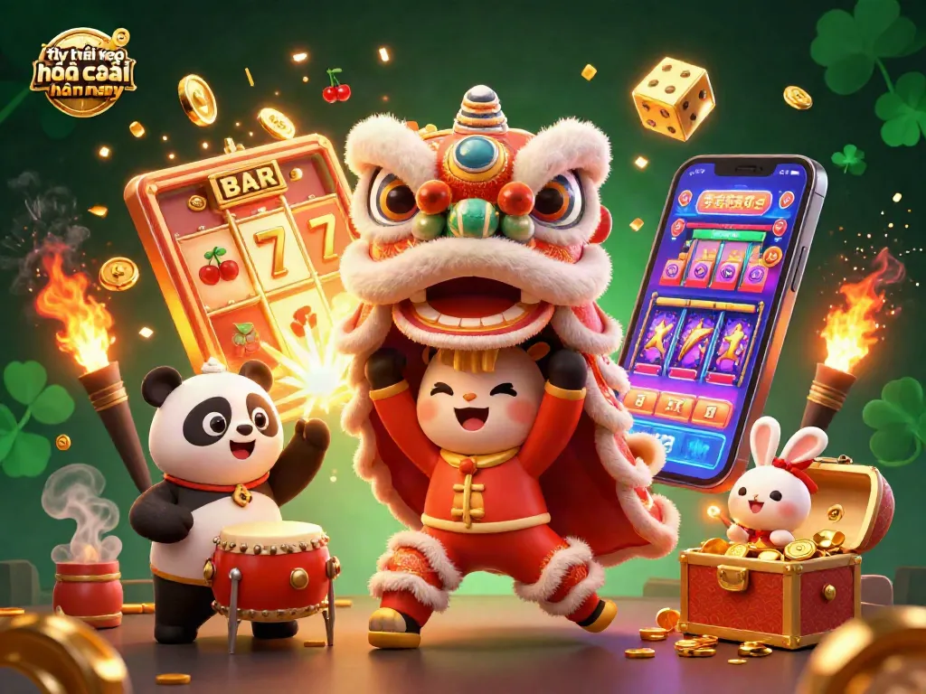 Engage with the latest tỷ lệ kèo nhà cái hôm nay in this vibrant 3D illustration featuring a lion dance and festive elements.