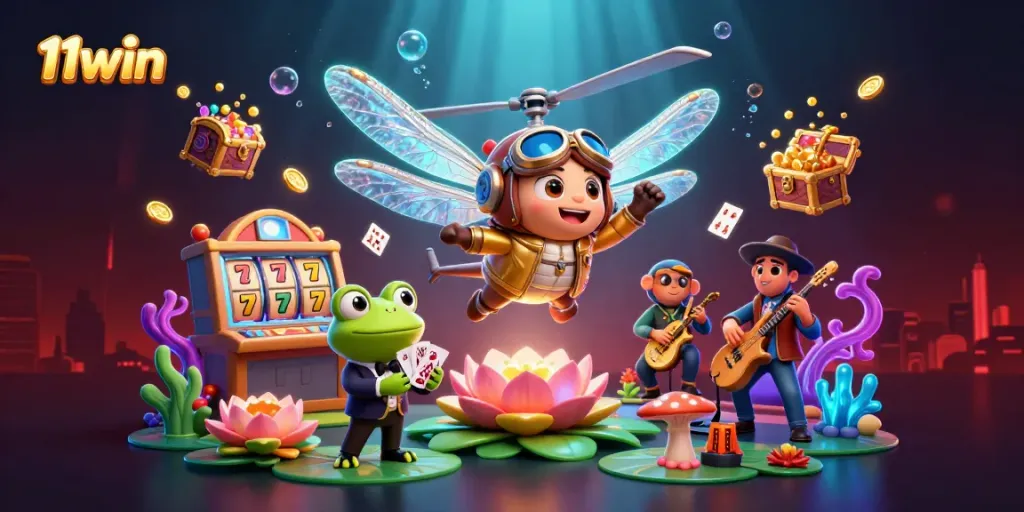 Engage with thrilling 11win gaming experience featuring a dragonfly pilot and frog croupier.