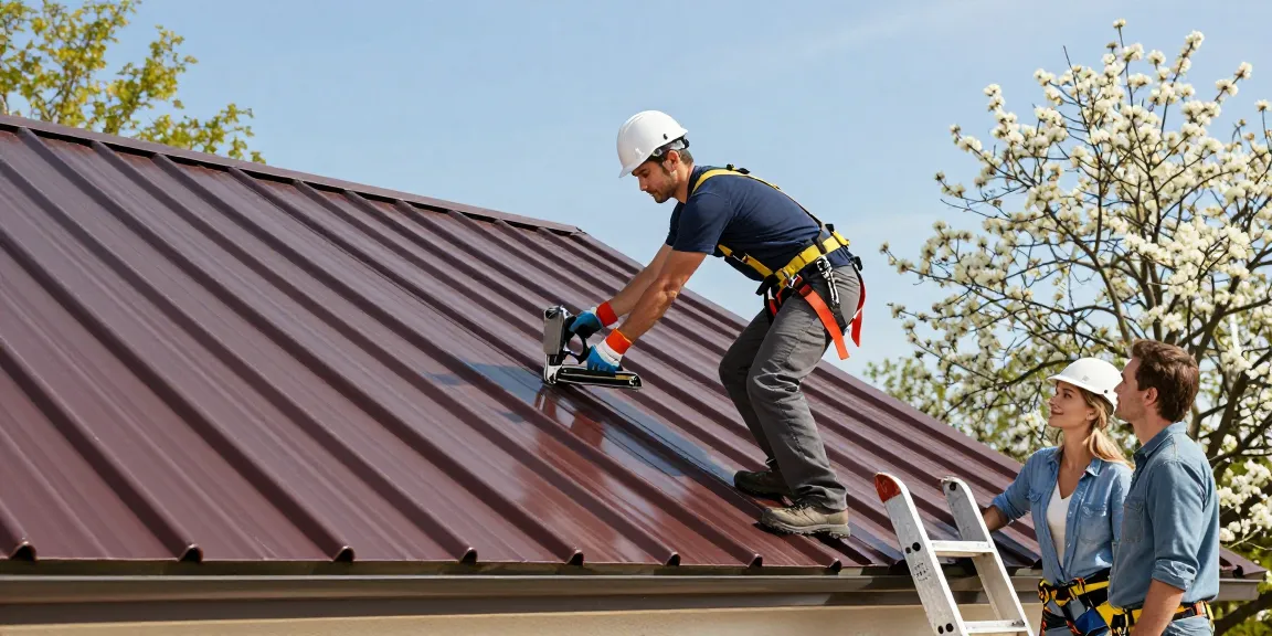 Metal roofing contractor expertly installing a roof while homeowners watch in a sunny residential setting.