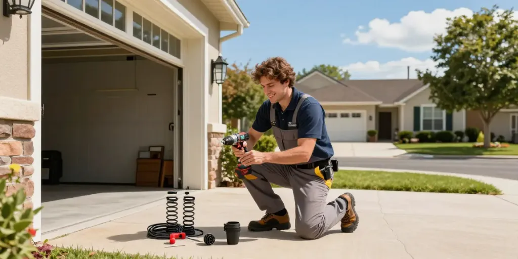 Emergency garage door repair Niagara Falls technician fixing a broken door at a residential property.