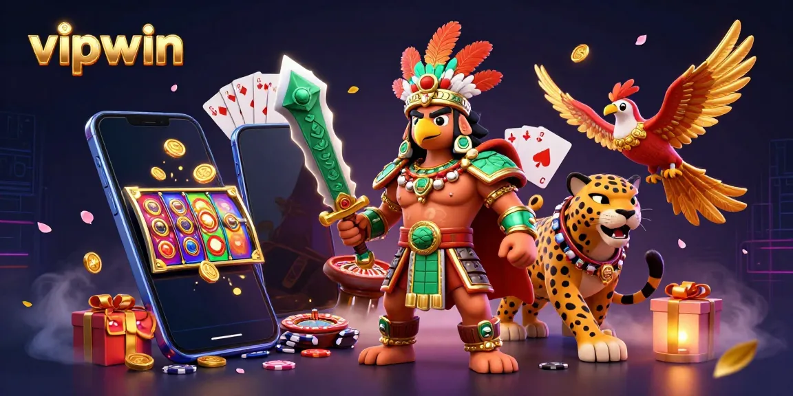 Win big with vipwin in an exhilarating online casino scene featuring vibrant games and dynamic characters.