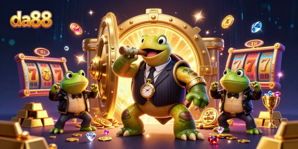 Engage with da88's casino excitement featuring a bold snapping turtle mobster with treasures and vibrant energy.