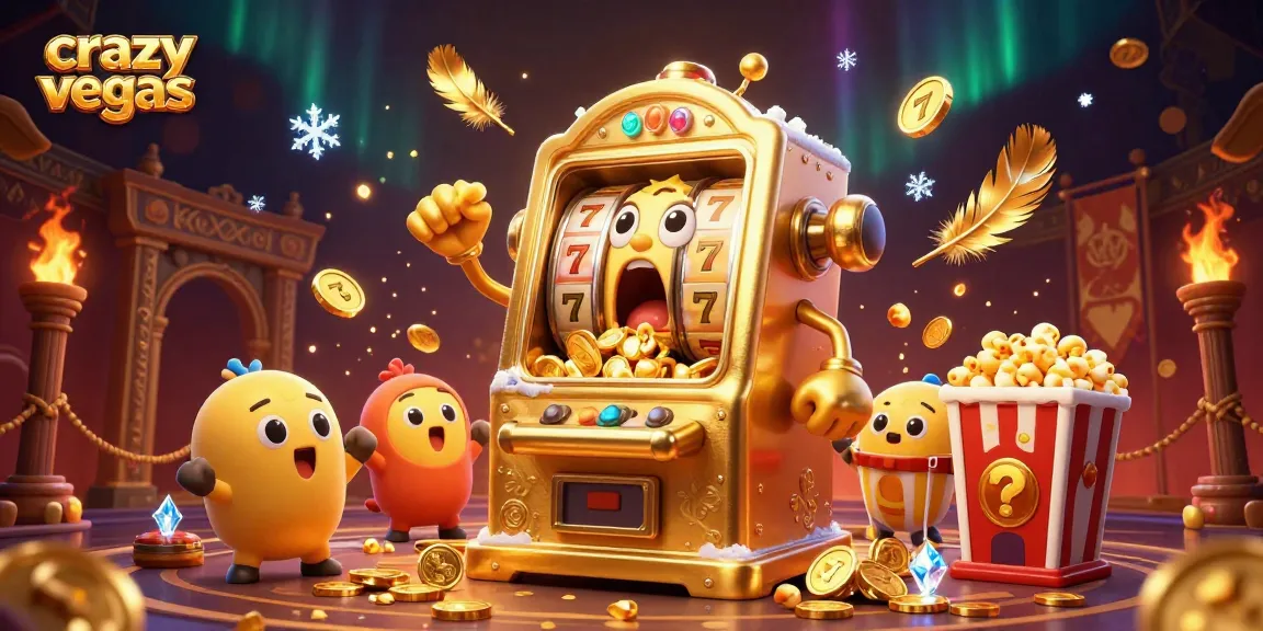 Crazyvegas slot machine triumphantly hitting a jackpot amid cheering baby slots and popcorn, creating a festive gambling atmosphere