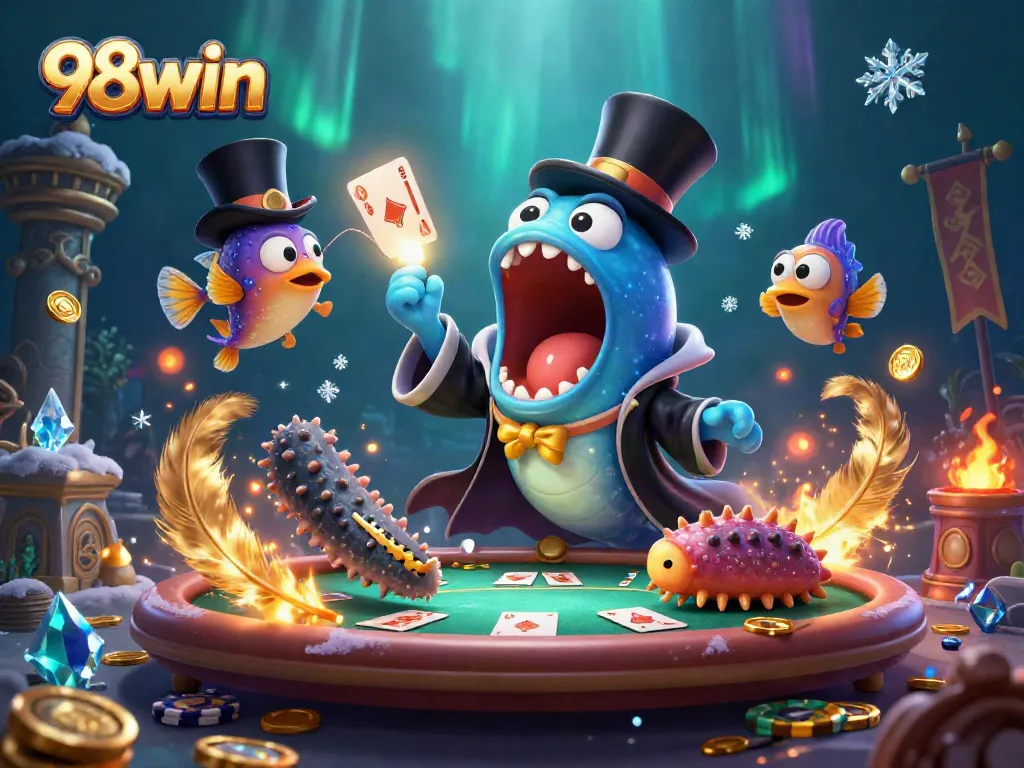 Engage with 98win at an underwater casino featuring whimsical characters and vibrant action.