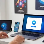 Downloading Telegram app on a sleek laptop in a modern workspace.