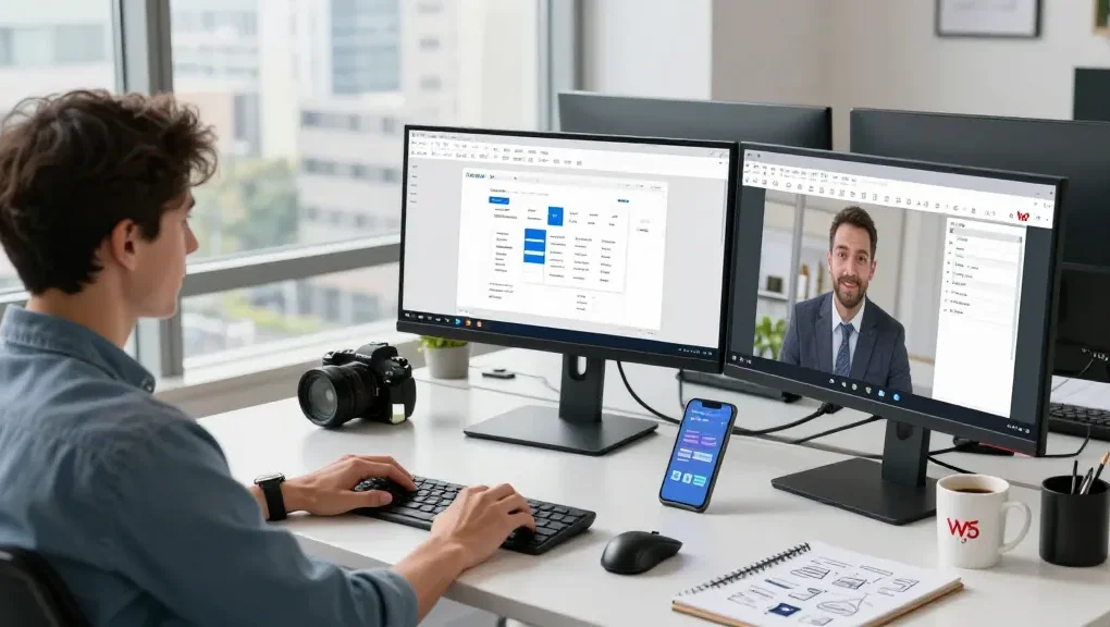 Discover WPS Download in a modern tech workspace showcasing productivity tools and vibrant office atmosphere.