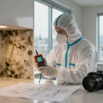 Mold Remediation West Vancouver technician inspecting for mold with safety gear in a bright apartment