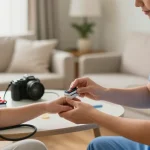 Patient using a pulse oximeter to monitor oxygen levels at home in a calming environment.