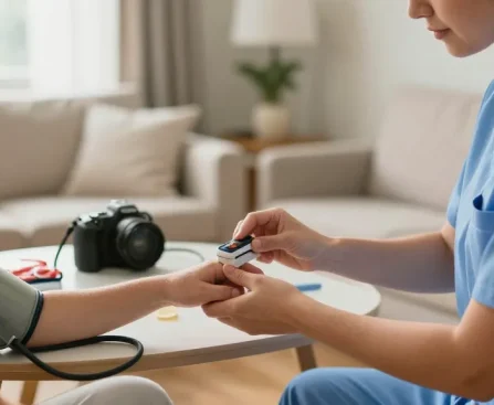 Patient using a pulse oximeter to monitor oxygen levels at home in a calming environment.