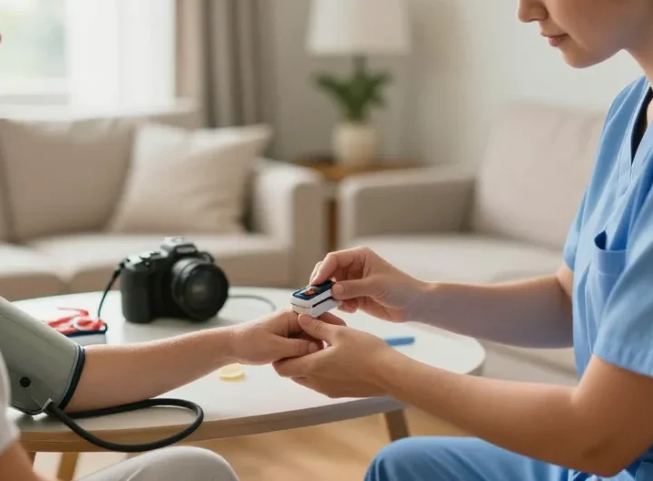 Patient using a pulse oximeter to monitor oxygen levels at home in a calming environment.
