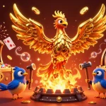 Engage with aussie online pokies as a golden phoenix emerges with coins, surrounded by rich gaming elements.