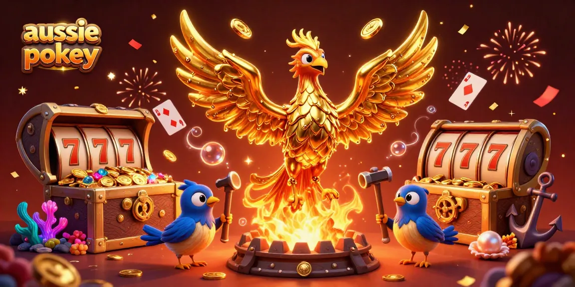 Engage with aussie online pokies as a golden phoenix emerges with coins, surrounded by rich gaming elements.